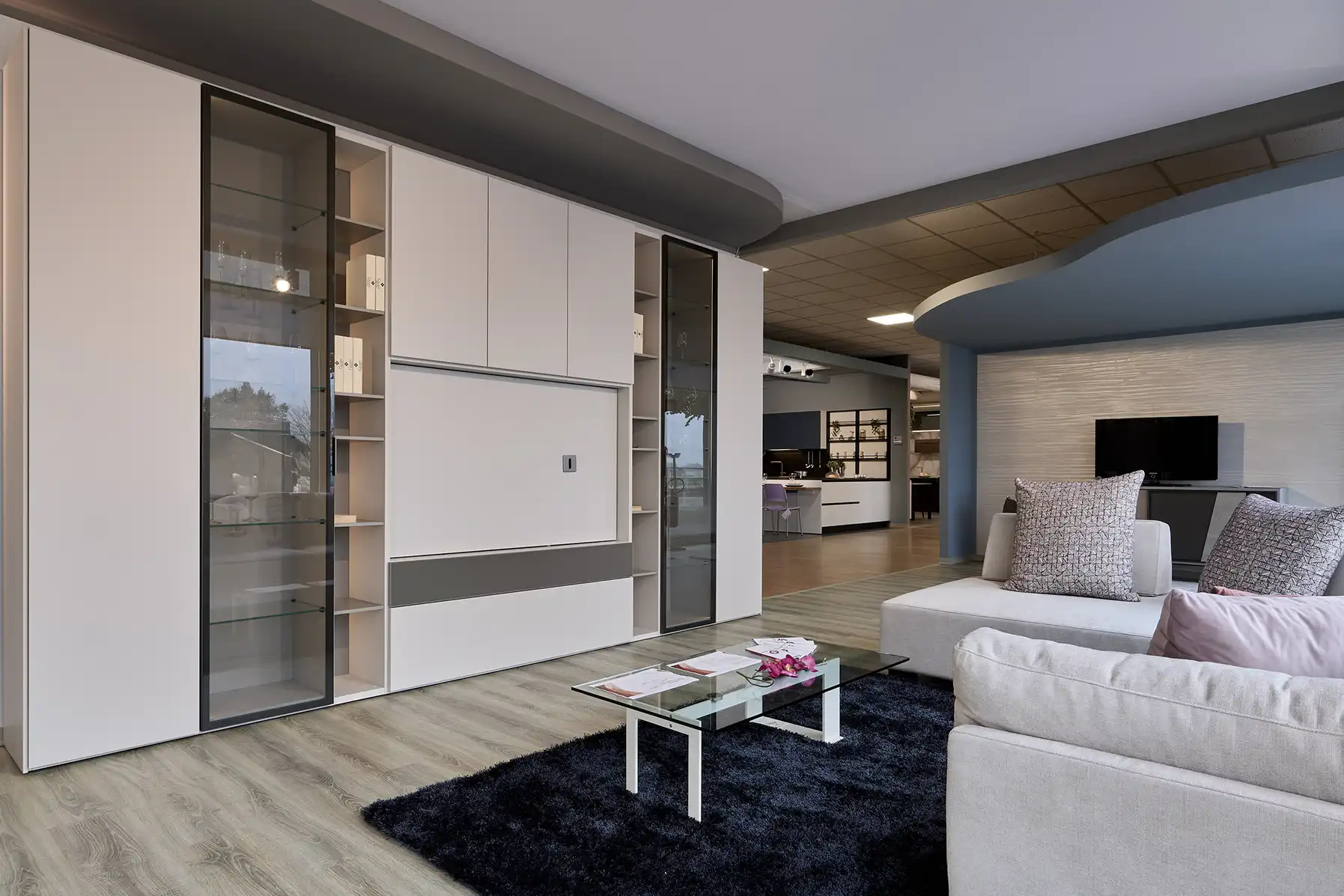 Zona living con mobile per libri e televisione.