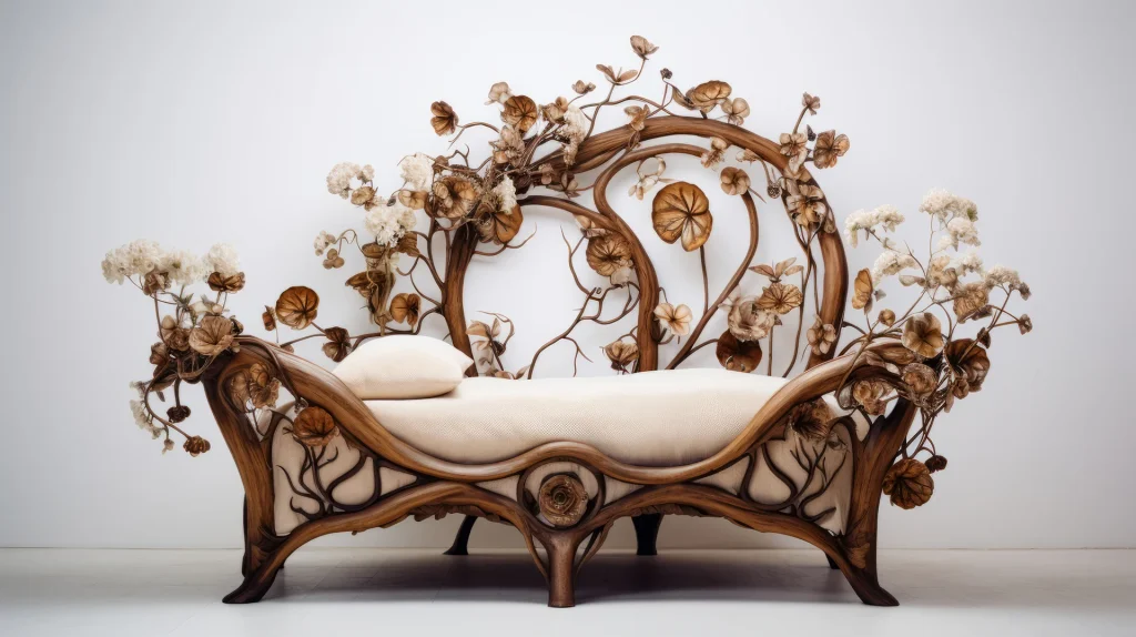 Letto con intarsi in legno a forma di foglie