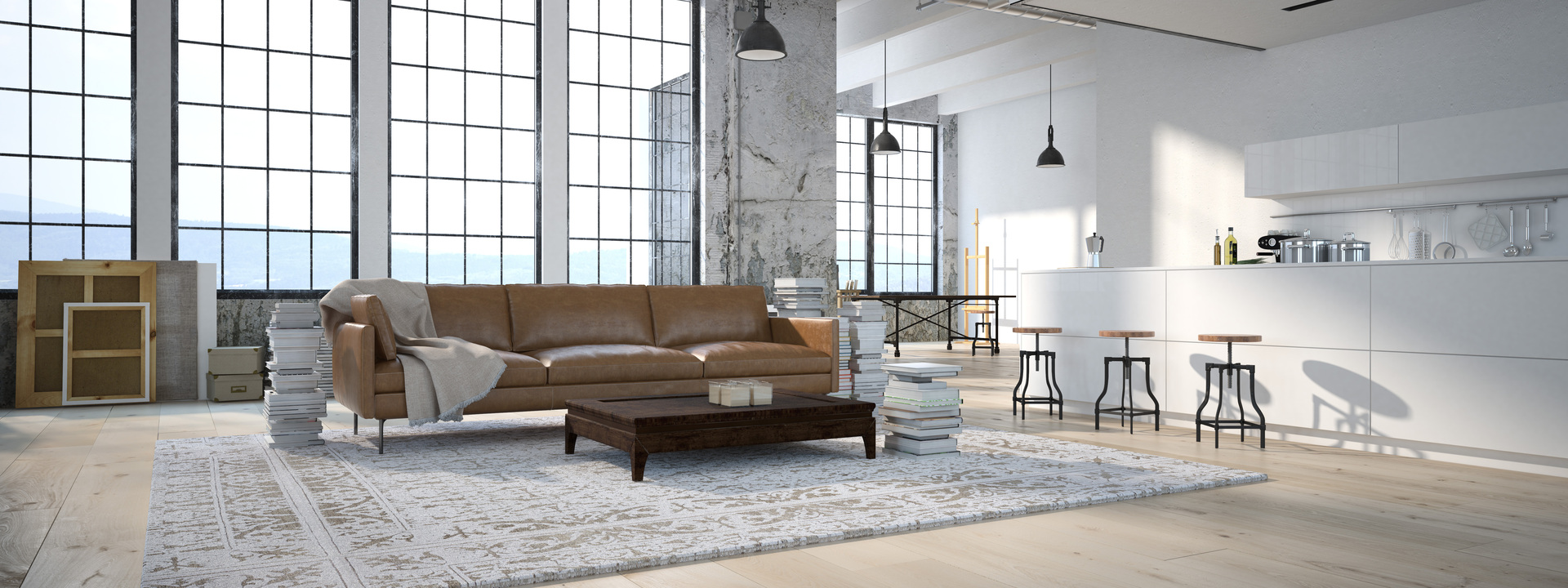 Arredo open space in un loft con vetrate e arredamento moderno.