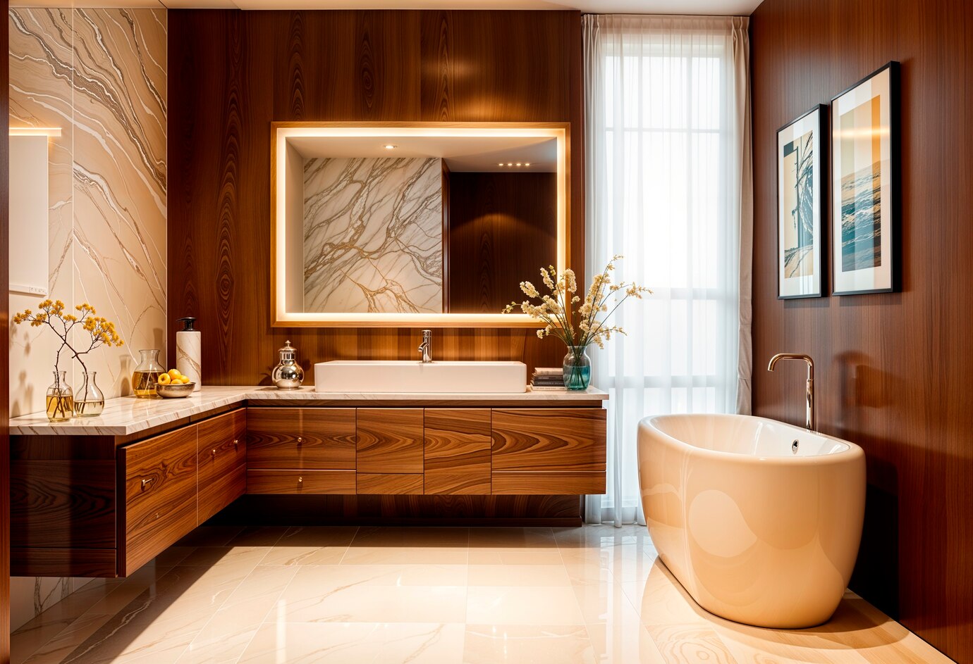 Bagno dal design di lusso, pavimenti e rivestimenti in pietra lucida, vasca freestanding in ceramica sulla destra, mobile lavabo a L sospeso in legno sulla sinistra, specchio retroilluminato.