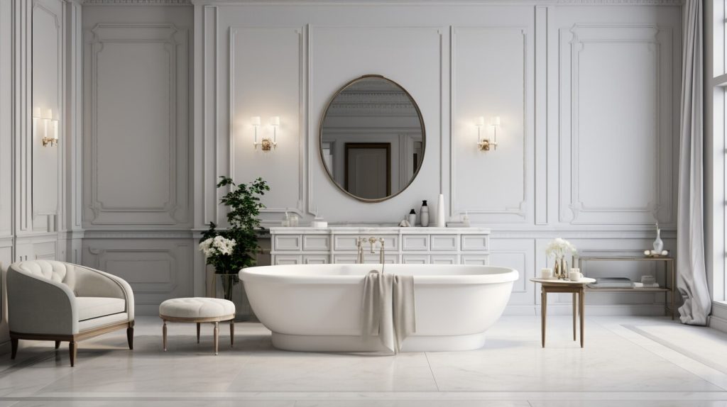 bagno dal design classico, con vasca freestanding in ceramica al centro della stanza. sulla sinistra una poltroncina e uno sgabello. specchio ovale. pavimenti in marmo bianco, rivestimenti in simil legno bianco.