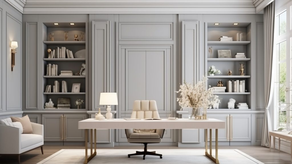 un arredamento home office di stile classico, con scrivania al centro e sedia imbottita e un'ampia libreria in legno bianco sullo sfondo